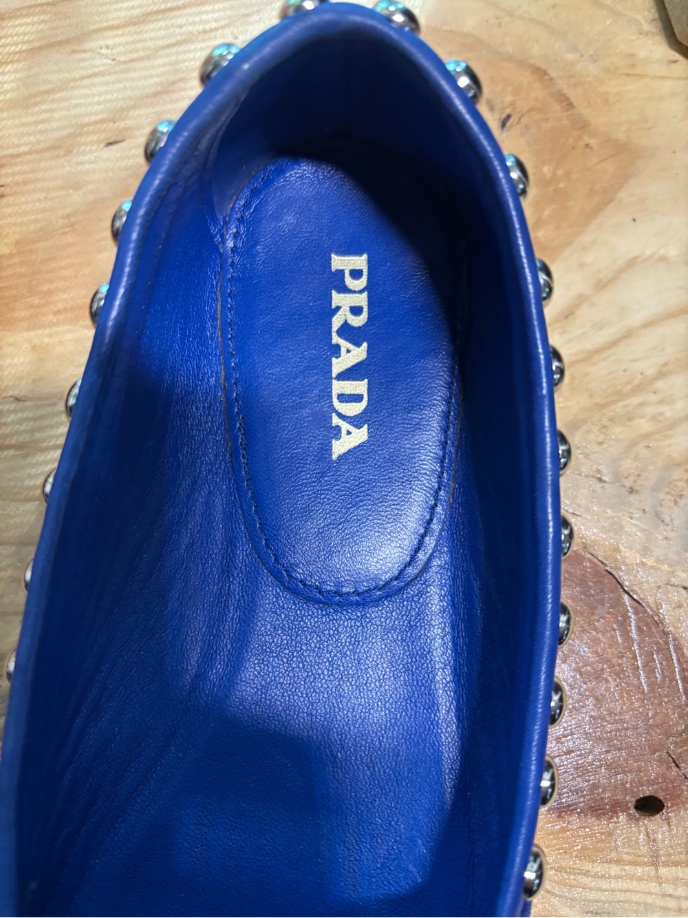 Prada Turquoise and Black Studded Leather Slip-On Loafers - Picture 4 of 7